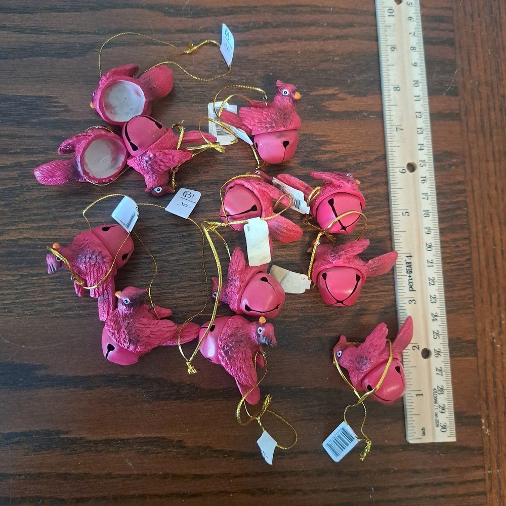Vintage Red Cardinal Jingle Bell Christmas Ornaments Set of 12 Heart Cutouts